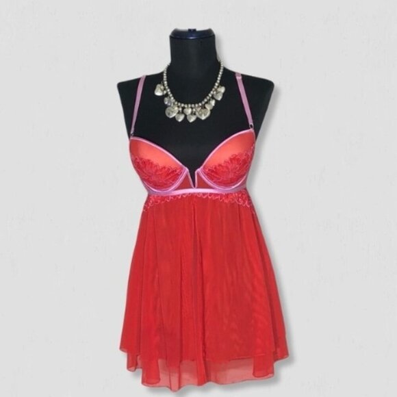 Auden Intimates Babydoll Lingerie Underwire Padded Lace Mesh Red Pink Size Small - Picture 1 of 15
